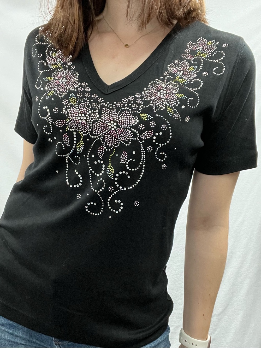 Black V-Neck Short Sleeve Tee with Pink Rhinestone Floral Detail